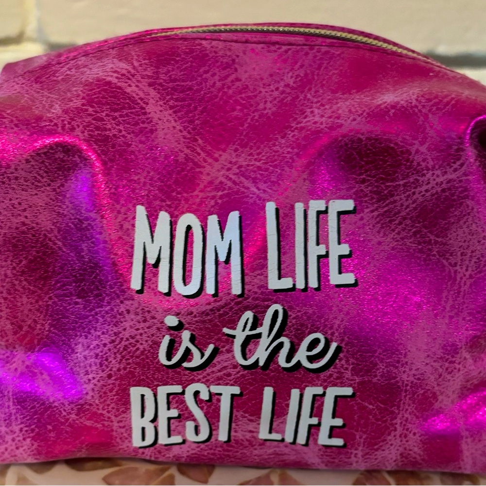 Mom Life Distressed Hot Pink & Gold Makeup Bag